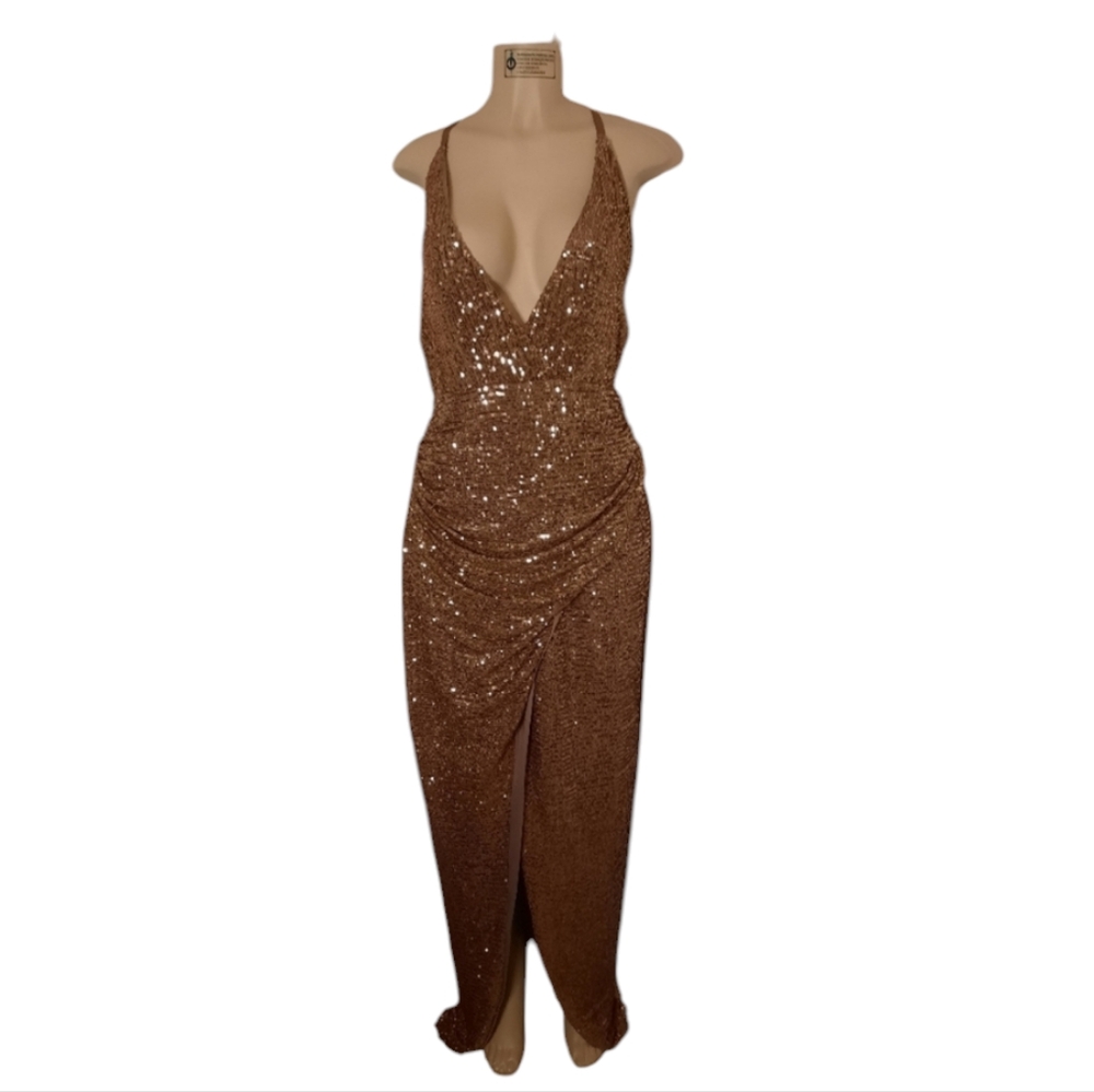 Fashion Nova Women's Gold Champagne Mocha Sequin Maxi Formal Gown